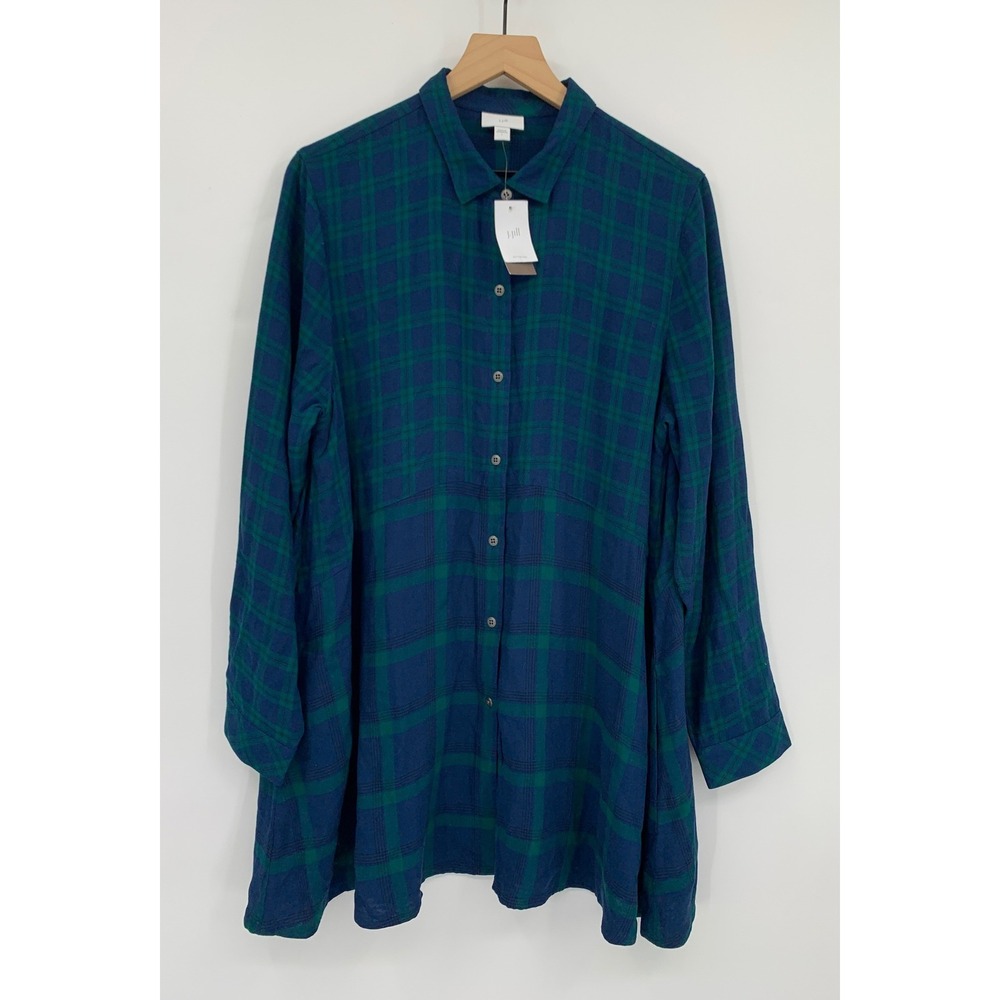 J Jill Shirt Womens Large Blue Green Plaid Long Sleeve Pockets Preppy Fall NEW